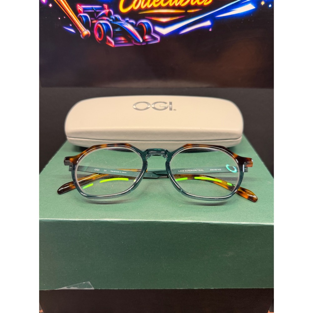 Ogi Lake Superior Teal Tortoise Geometric Eyeglass Frames 49-18-142 Japan Case